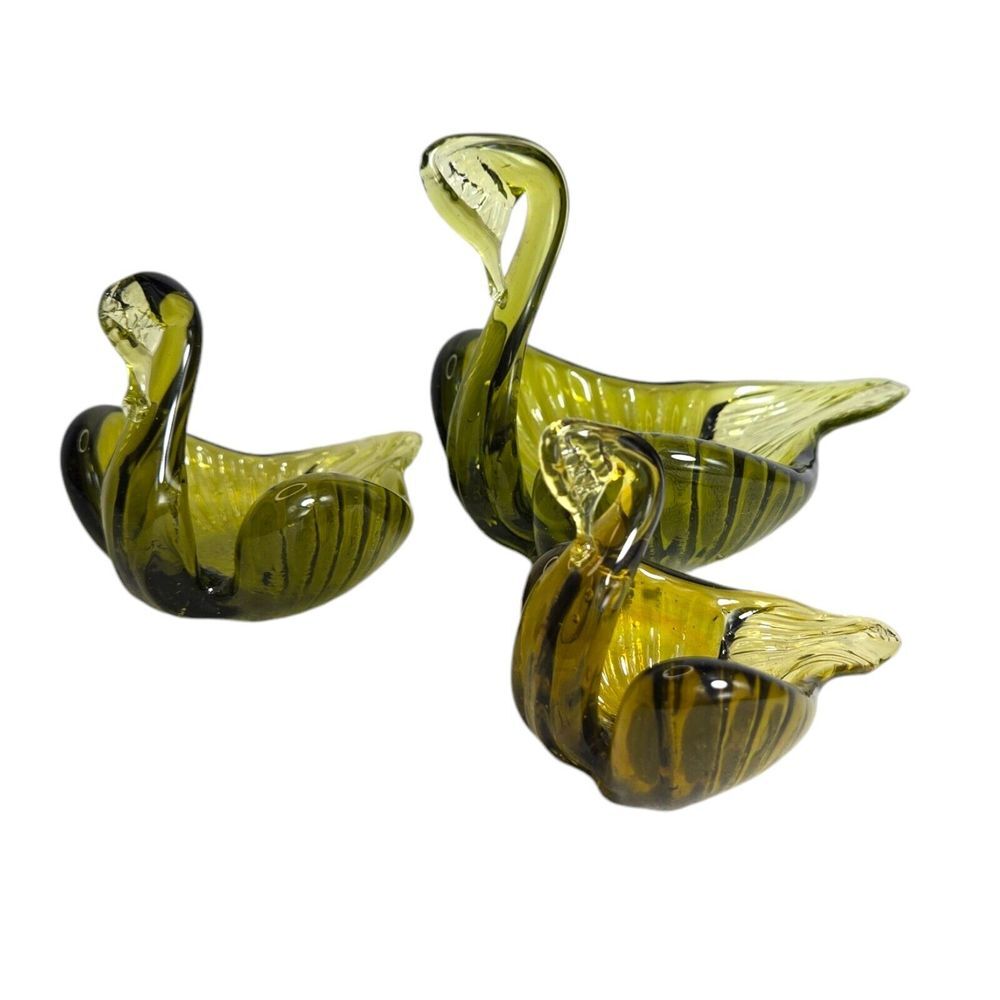 Set Of 3 Italy Hand-blown Art Glass Swan Nesting‎ Dishes Olive Green MCM 60s